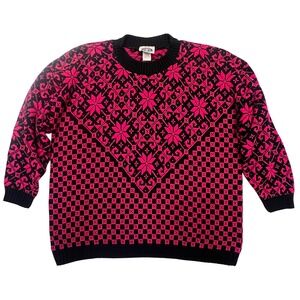 Vintage Retro Punk 80s Hot Pink Black Geometric Made in USA Sweater Size 18W